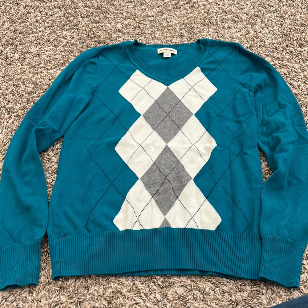 Argyle sweater teal, cram and gray